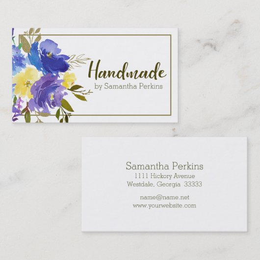 Handgemaakte Blauwe Paarse Gele Bloem Visitekaartje (Voorkant / Achterkant)