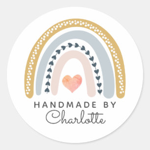 Handgemaakte Boho Waterverf regenboog en roze hart Ronde Sticker