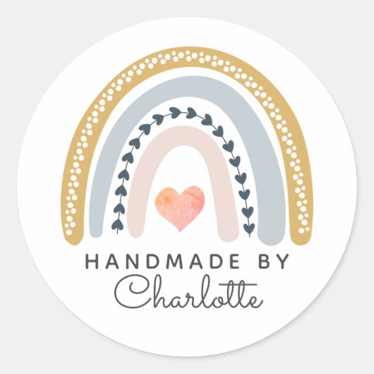 Handgemaakte Boho Waterverf Regenboog En Roze Hart Ronde Sticker (Voorkant)