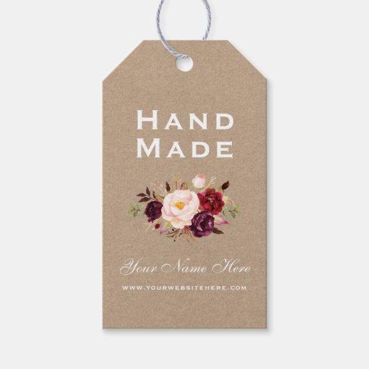 Handgemaakte Bourgondische Waterverf Floral Kraft  Cadeaulabel (Voorkant)
