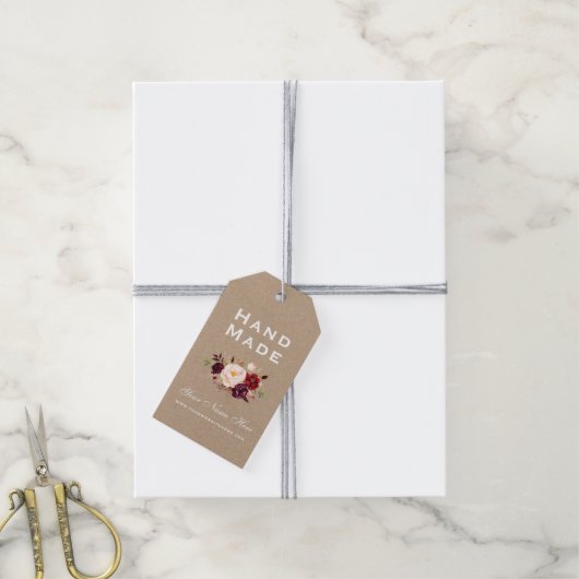 Handgemaakte Bourgondische Waterverf Floral Kraft  Cadeaulabel (Met Touw)