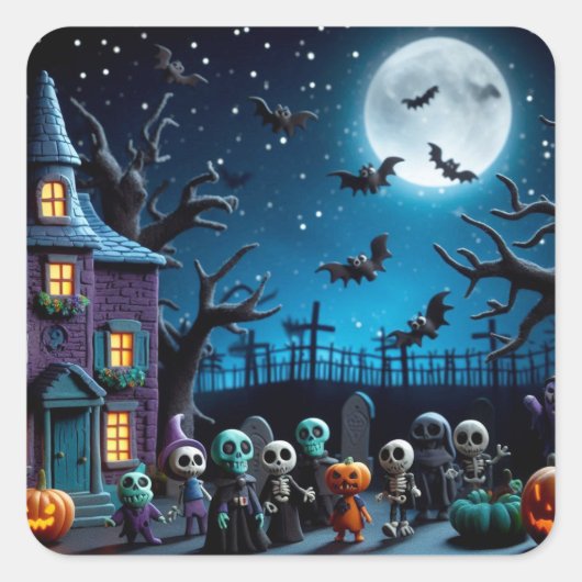 Handgemaakte Claymation Halloween Frights Vierkante Sticker (Voorkant)