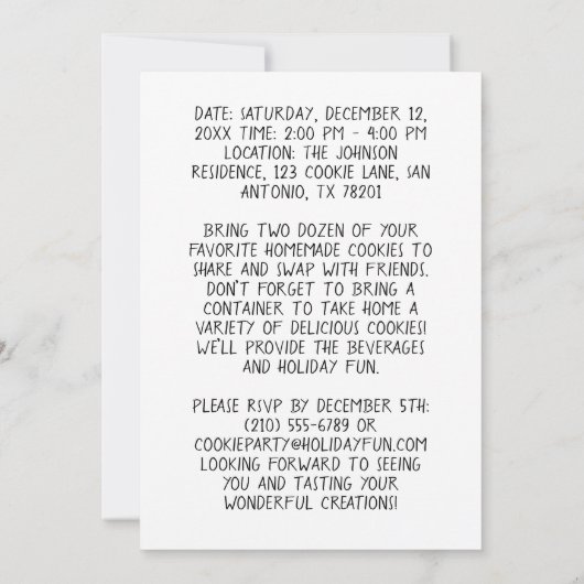 Handgemaakte Cookie Exchange Party Holiday bewerkb Kaart (Achterkant)