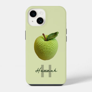 Handgemaakte Craft Green Crochet Apple Monogram Na iPhone 14 Hoesje