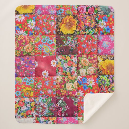 Handgemaakte Floral Patchwork Quilt Achtergrond Sherpa Deken (Voorkant)