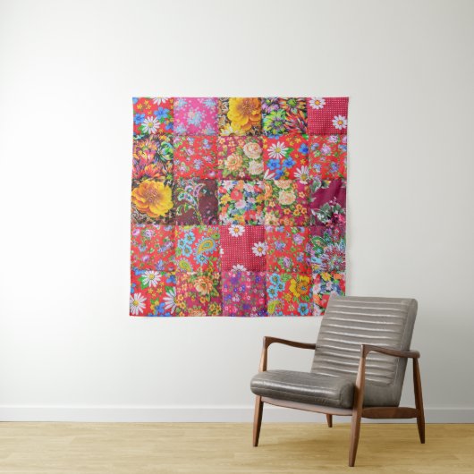 Handgemaakte Floral Patchwork Quilt Achtergrond Wandkleed (In situ)