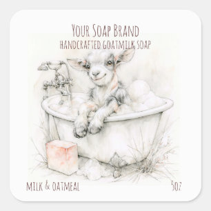 Handgemaakte geitenmelk zeep met baby geit in bad vierkante sticker