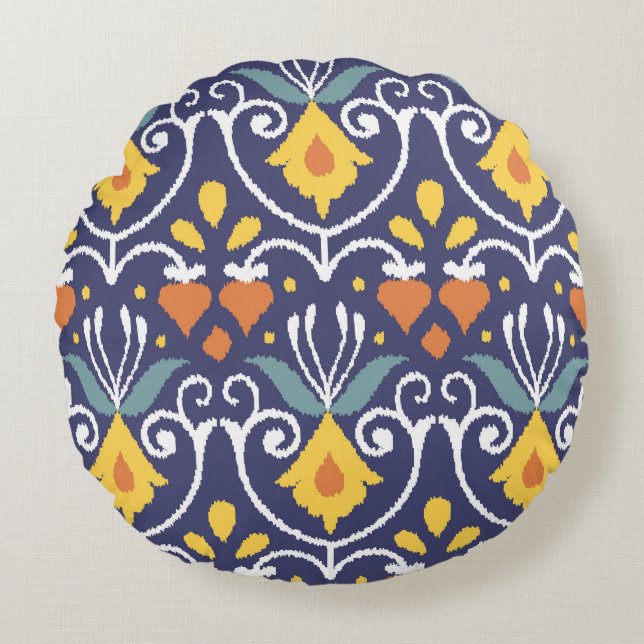 Handgemaakte Ikat: etnische Boho stof Rond Kussen (Voorkant)