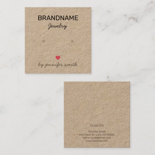 Handgemaakte juwelenharingkaart voor sieraardewerk vierkante visitekaartje (Voorkant / Achterkant)