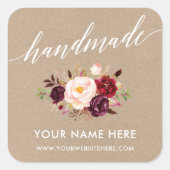 Handgemaakte kalligrafie Bourgondië Floral Kraft K Vierkante Sticker (Voorkant)