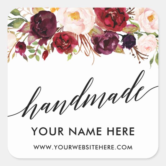 Handgemaakte kalligrafie Burgundy Floral Small Vierkante Sticker (Voorkant)
