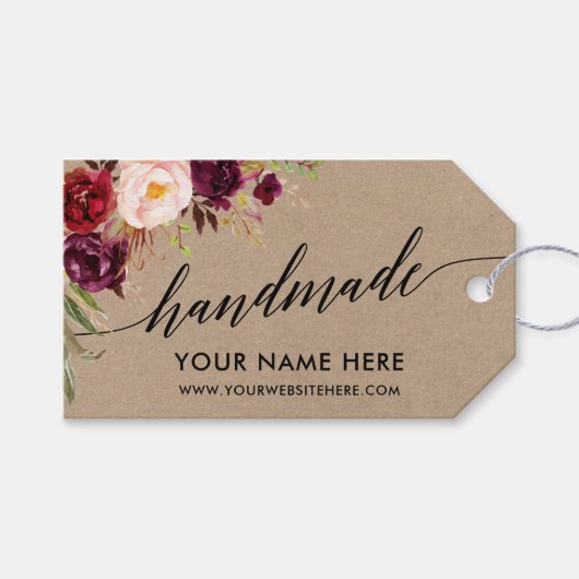 Handgemaakte kalligrafie Floral Burgundy Kraft Lab Cadeaulabel (Voorkant (Horizontaal))