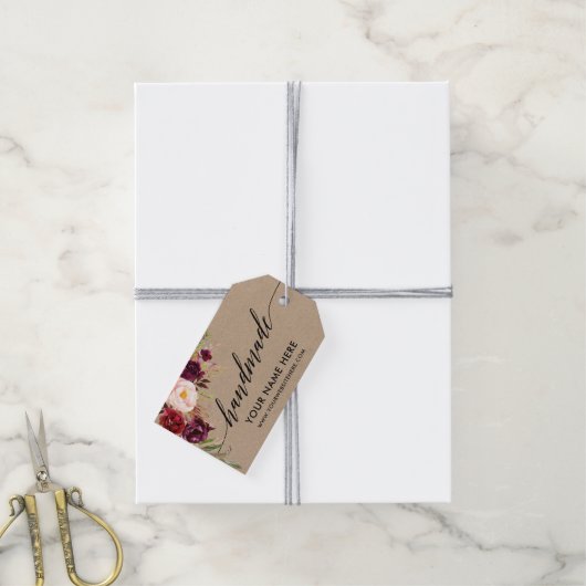 Handgemaakte kalligrafie Floral Burgundy Kraft Lab Cadeaulabel (Met Touw)