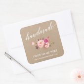 Handgemaakte kalligrafie Roze Floral Kraft Small Vierkante Sticker (Envelop)