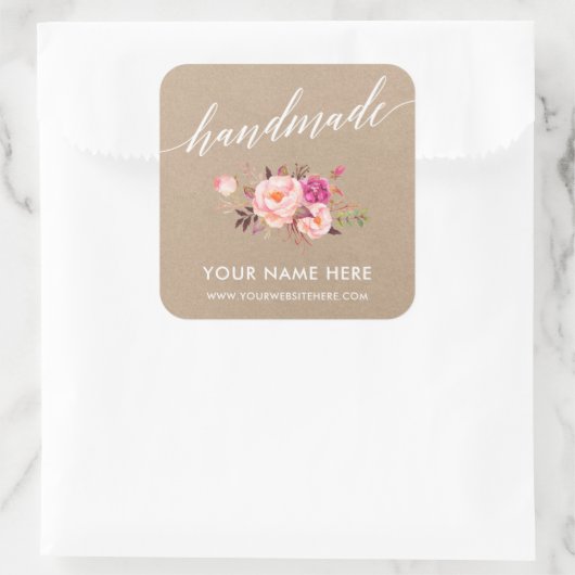 Handgemaakte kalligrafie Roze Floral Kraft Small Vierkante Sticker (Tas)