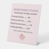 Handgemaakte kerstartikelen prijslijst reclamebord met voetstuk (Voorkant)