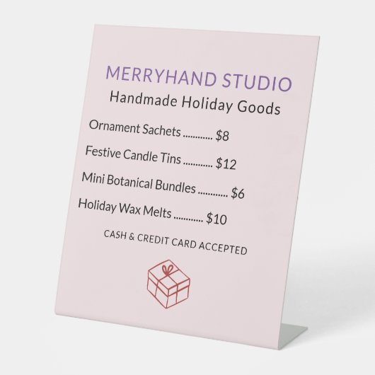 Handgemaakte kerstartikelen prijslijst reclamebord met voetstuk (Voorkant)