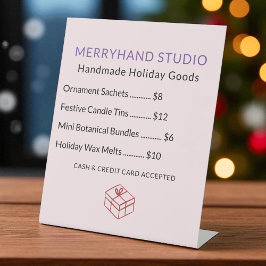 Handgemaakte kerstartikelen prijslijst reclamebord met voetstuk