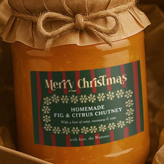 Handgemaakte kerstcadeau rood & groen geplakt stre voedselcontainer etiket