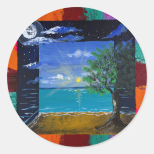 Handgemaakte kunst - Dag en Nacht  Ronde Sticker