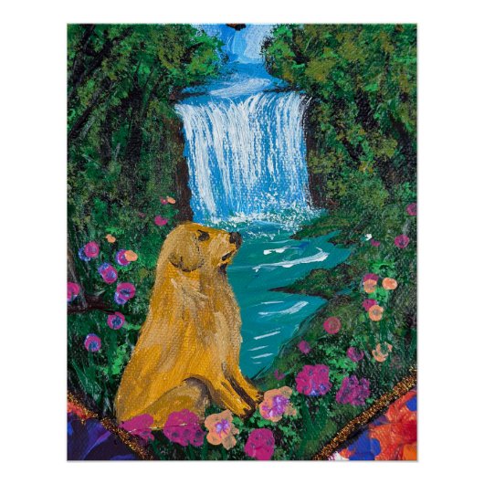 Handgemaakte Kunst – Hond bij de Waterval Perfect Poster (Voorkant)