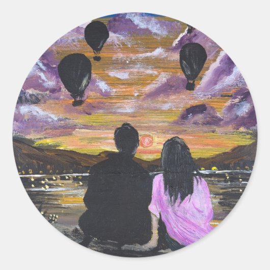 Handgemaakte Kunst – Samen Zonsondergang Ronde Sticker (Voorkant)