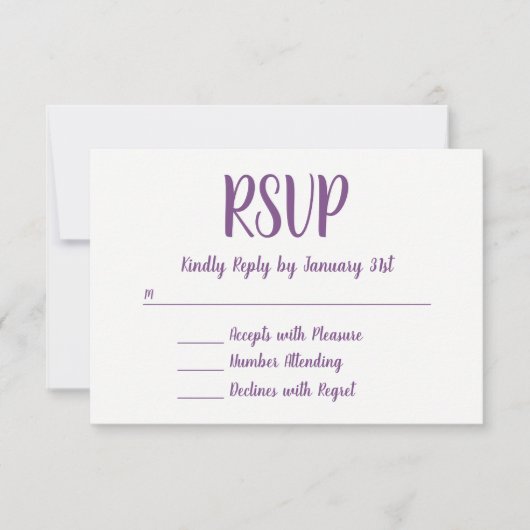 Handgemaakte lettertype script paars en wit RSVP (Voorkant)