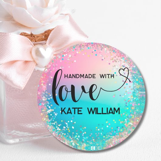 Handgemaakte liefde pastel holografische glitter c ronde sticker