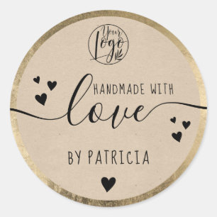 Handgemaakte liefde script zwart logo harten goud ronde sticker