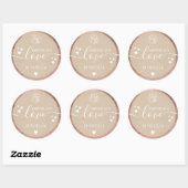 Handgemaakte liefdesscript logo harten roze goud k ronde sticker (Vel)
