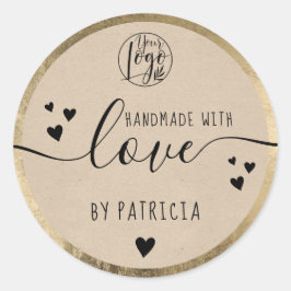 Handgemaakte liefdesscript zwart logo harten goud  ronde sticker