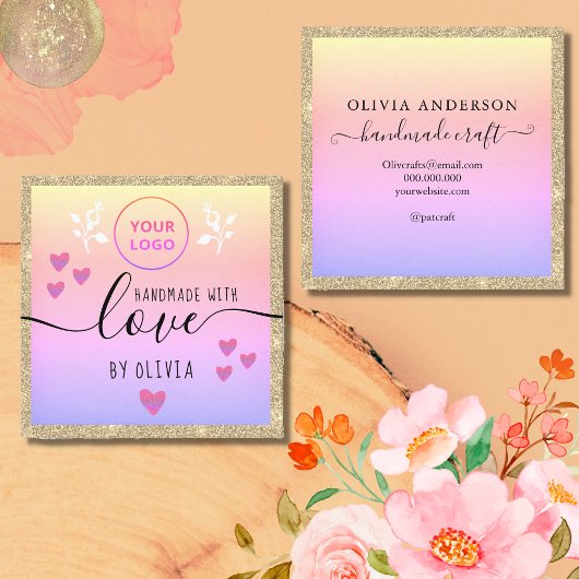 Handgemaakte liefdestypografie goud glitter roze l vierkante visitekaartje