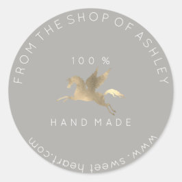 Handgemaakte Logo Naam Web Pegasus Paard Grijs Gou Ronde Sticker