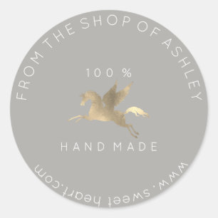 Handgemaakte Logo Naam Web Pegasus Paard Grijs Gou Ronde Sticker
