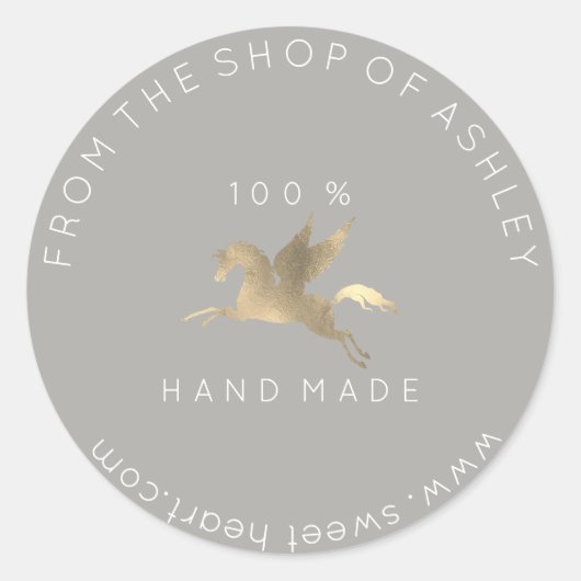 Handgemaakte Logo Naam Web Pegasus Paard Grijs Gou Ronde Sticker (Voorkant)