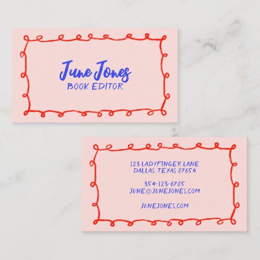 Handgemaakte Lussen Doodle Whimsical Inky Red Blue Visitekaartje (Voorkant / Achterkant)