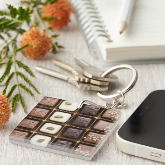 Handgemaakte luxe chocolade in een doos sleutelhanger (Voorkant Rechts)