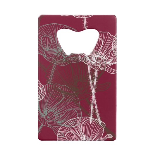 Handgemaakte papavers op donkerrood creditkaart flessenopener (Achterkant)