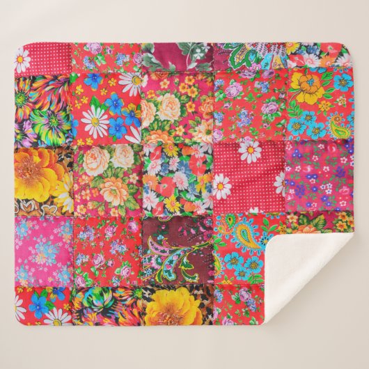 Handgemaakte patchwork-quilt met floreel patroon a sherpa deken (Voorkant (horizontaal))