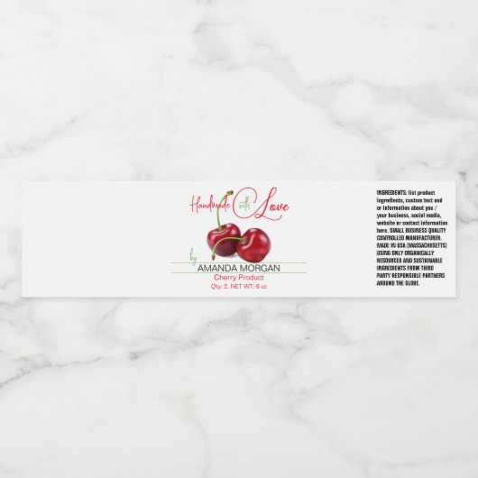 Handgemaakte Product Wrap Around Label Cherry Waterfles Etiket (Enkel label)