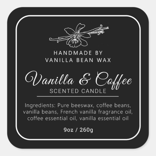 Handgemaakte vanille koffie kaars mono ingrediënte vierkante sticker (Voorkant)
