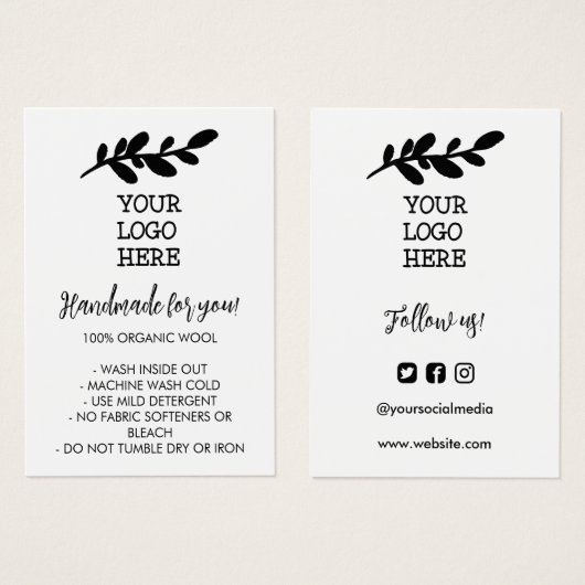Handgemaakte wasinstructies Sociale media Logo Visitekaartje (Voorkant /achterkant)