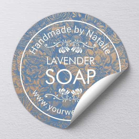 Handgemaakte zeep die  blauw bloemen ronde sticker