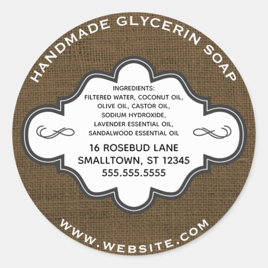 Handgemaakte zeep Label Rustic Country Burlap (Voorkant)