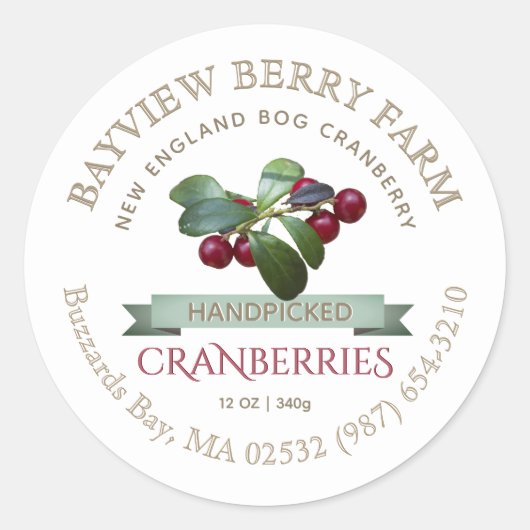 Handgeplukte Lokale Cranberry Label Gold op Wit (Voorkant)