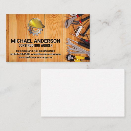 Handgereedschap op houten tafel | Bouw Logo Visitekaartje (Voorkant / Achterkant)