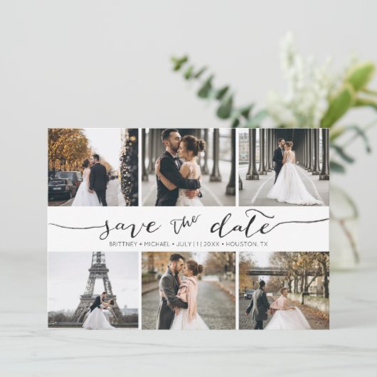 Handgeschakelde 6 Fotocollage Sla de datumkaart op Save The Date (Staand voorkant)