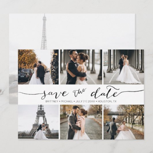 Handgeschakelde 6 Fotocollage Sla de datumkaart op Save The Date (Voorkant / Achterkant)