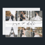 Handgeschakelde 6 Fotocollage Sla de datumkaart op Save The Date<br><div class="desc">Kies de beste afbeeldingen uit je verloving-opname of je favoriete afbeeldingen van jullie twee voor deze perfecte bewaardatum. De woorden sparen de datum zijn handgeschreven om een persoonlijk gevoel aan de kaart te geven. De voorkant heeft 6 afbeeldingen en de achterkant heeft een groot afbeelding met een witte filter op...</div>