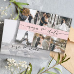 Handgeschakelde fotocollage opslaan Datum roze Save The Date<br><div class="desc">Kies de beste afbeeldingen uit je verloving-opname of je favoriete afbeeldingen van jullie twee voor deze perfecte bewaardatum. De woorden sparen de datum zijn handgeschreven om een persoonlijk gevoel aan de kaart te geven. De voorkant heeft 6 afbeeldingen en de achterkant heeft een groot afbeelding met een witte filter op...</div>